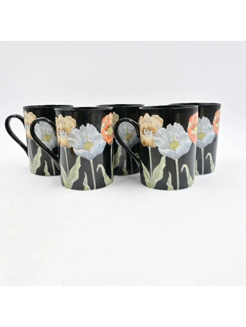 Fitz & Floyd Midnight Poppy Black Ceramic Floral Coffee Mugs Set Of 5
